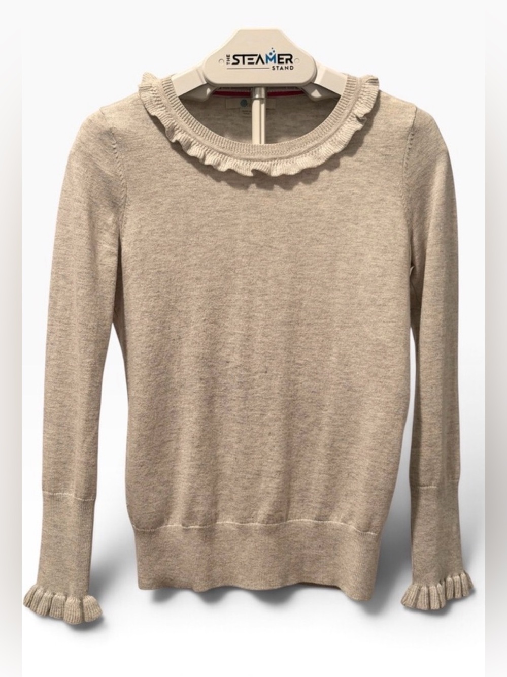 Boden Bernadette Ruffle Neck & Cuff Sweater - Gray Oatmeal Knit - Size 6 US